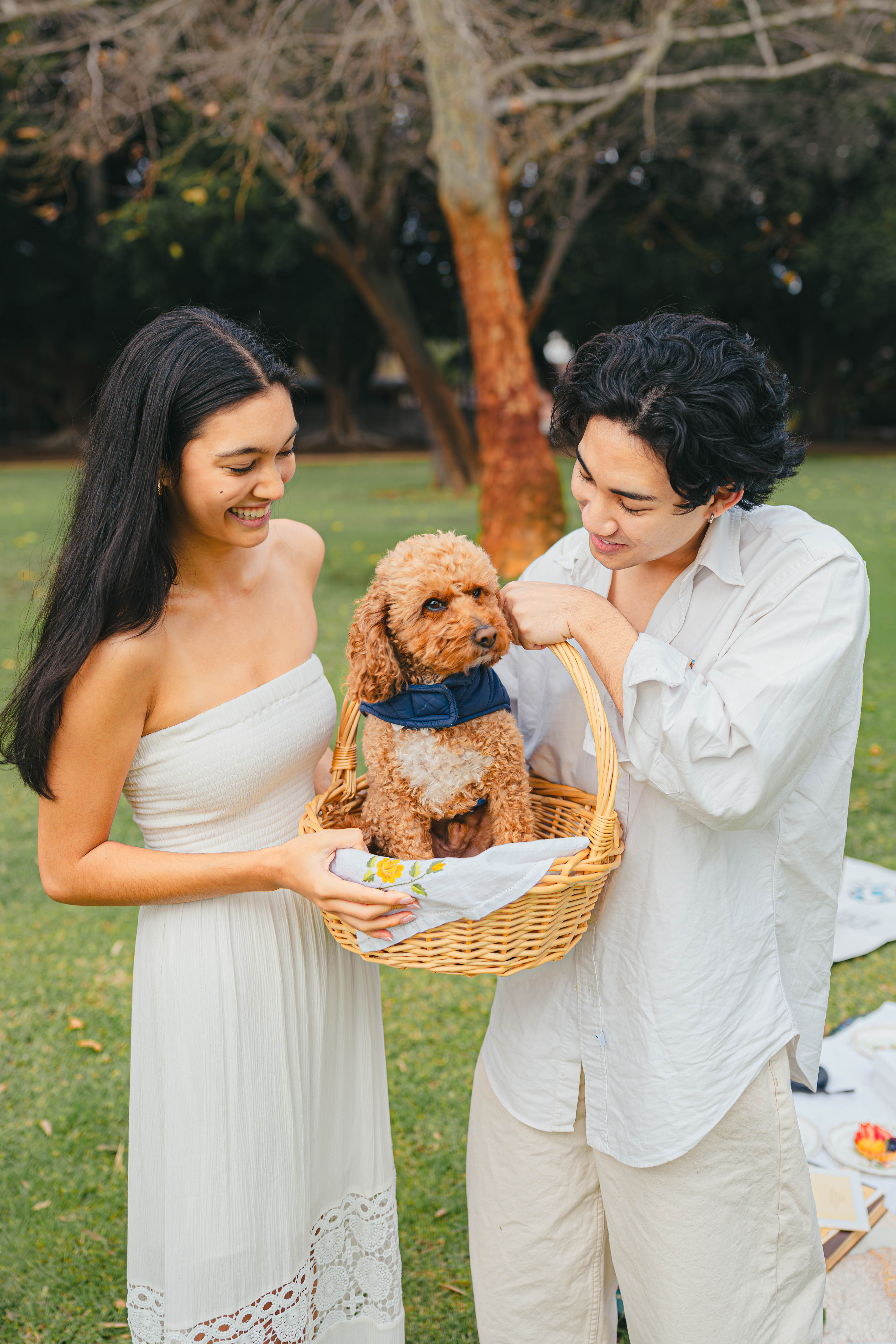 Couple laughing together while holding a puppy in a picnic basket