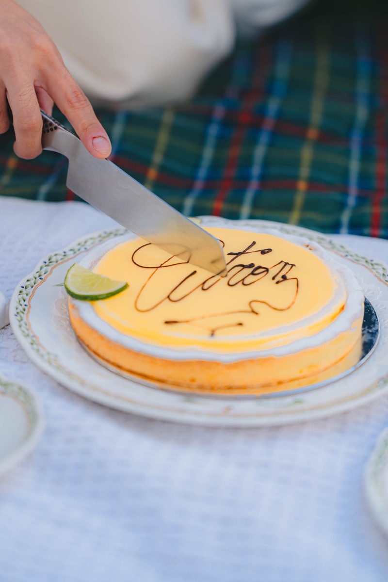 Knife cutting into a lemon cake on a picnic blanket