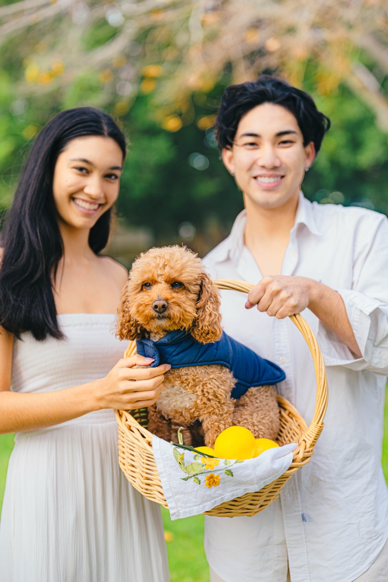 Smiling couple holding a small dog in a lemon-filled basket